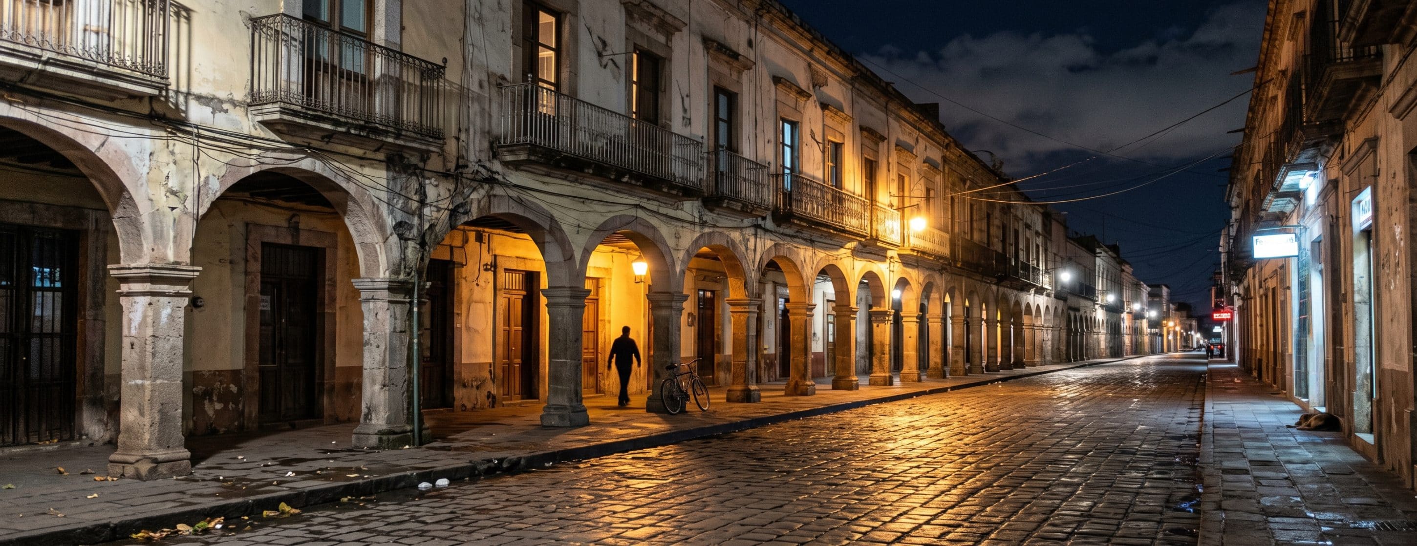 A Mexican colonial street at night, with illuminated stone arcades and a figure walking beside a bicycle.