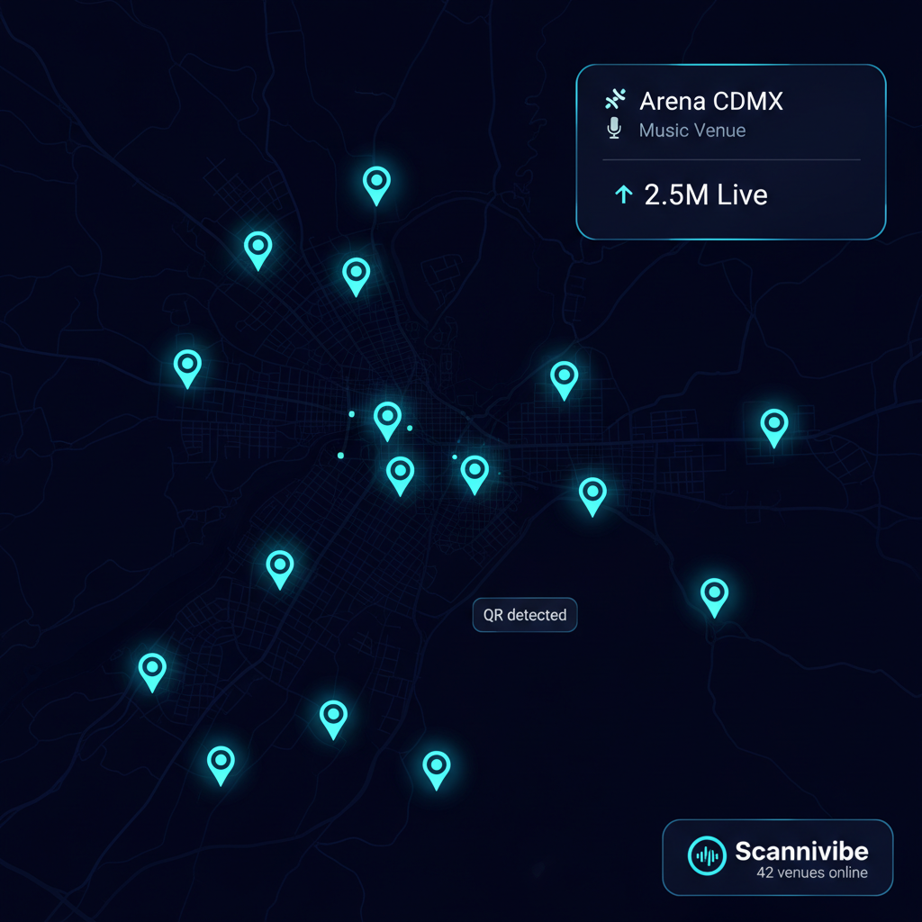 Live venue map — Mexico City with Scannivibe pins